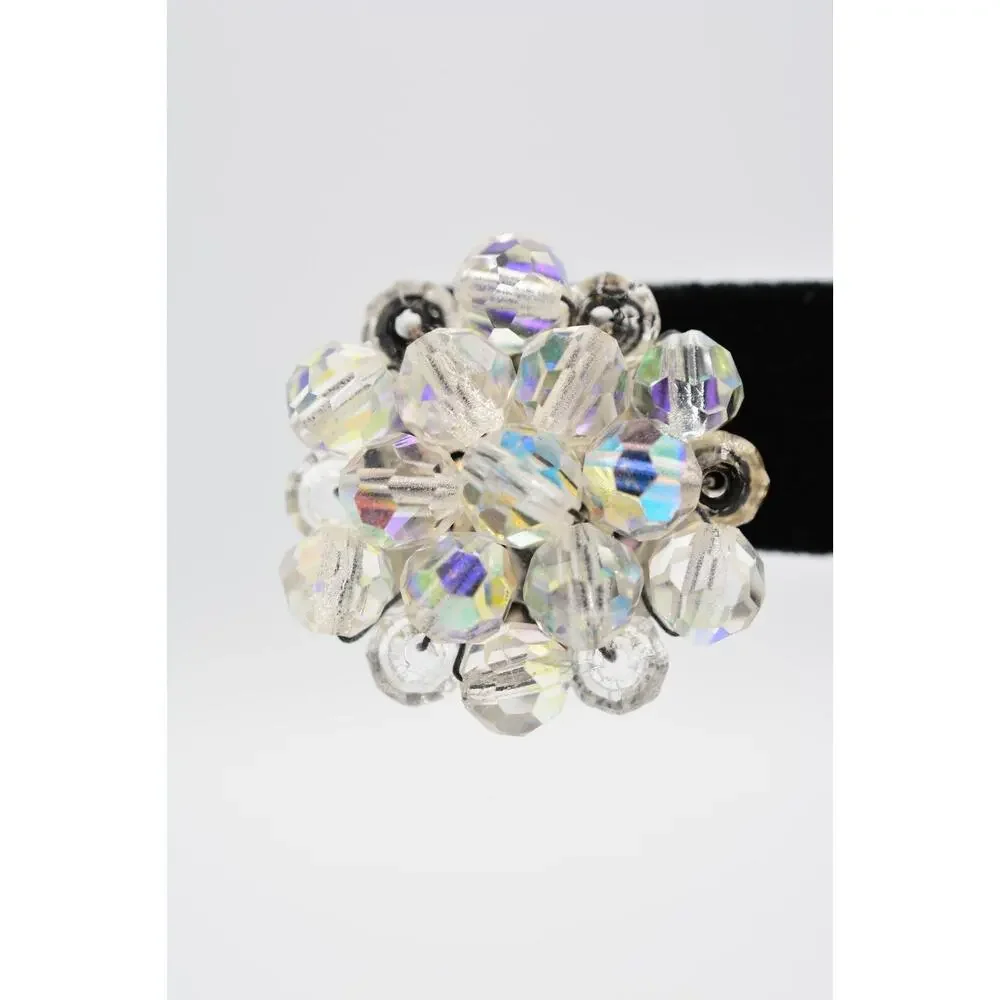 Vintage Crystal Clip On Earrings Aurora Borealis AB Cluster Silver Tone BinAA